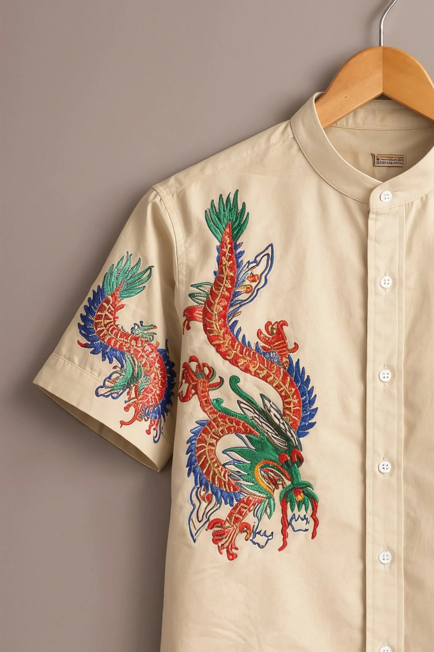 Spretix Men's Premium Embroidered Dragon Print Mandarin Collar Half Sleeve Shirt