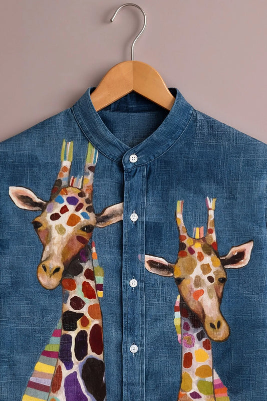 Spretix Men's Premium Artistic Giraffe Print Mandarin Collar Half Sleeve Shirt