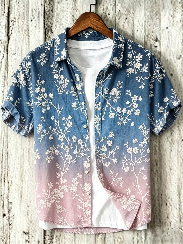 Spretix Premium Sakura Floral Ombre Cotton Linen Half Sleeve Casual Shirt for Men