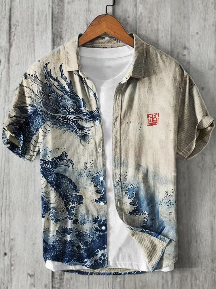 Spretix Premium Japanese Dragon Wave Art Cotton Linen Half Sleeve Casual Shirt for Men