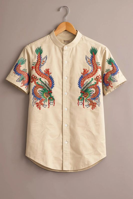 Spretix Men's Premium Embroidered Dragon Print Mandarin Collar Half Sleeve Shirt