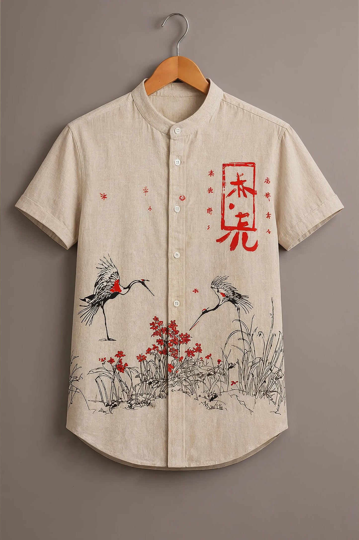 Spretix Men's Premium Japanese Crane Art Mandarin Collar Half Sleeve Shirt