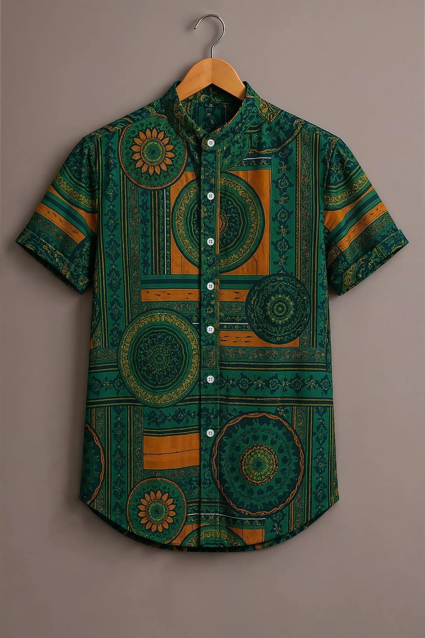 Spretix Men's Premium Geometric Mandala Print Mandarin Collar Half Sleeve Shirt
