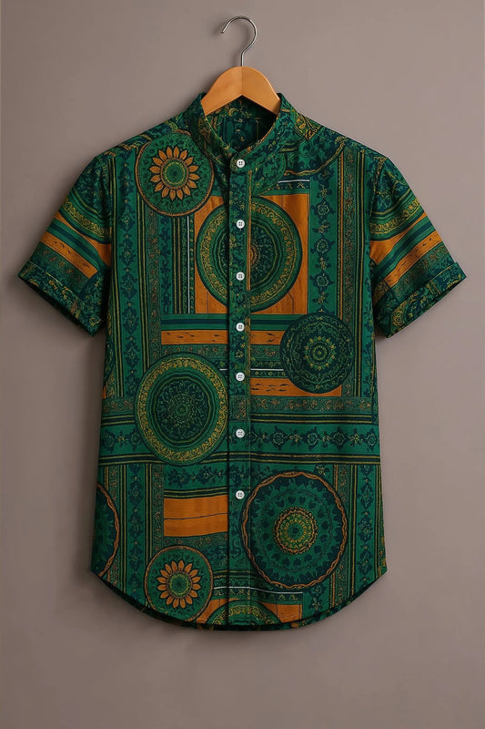 Spretix Men's Premium Geometric Mandala Print Mandarin Collar Half Sleeve Shirt