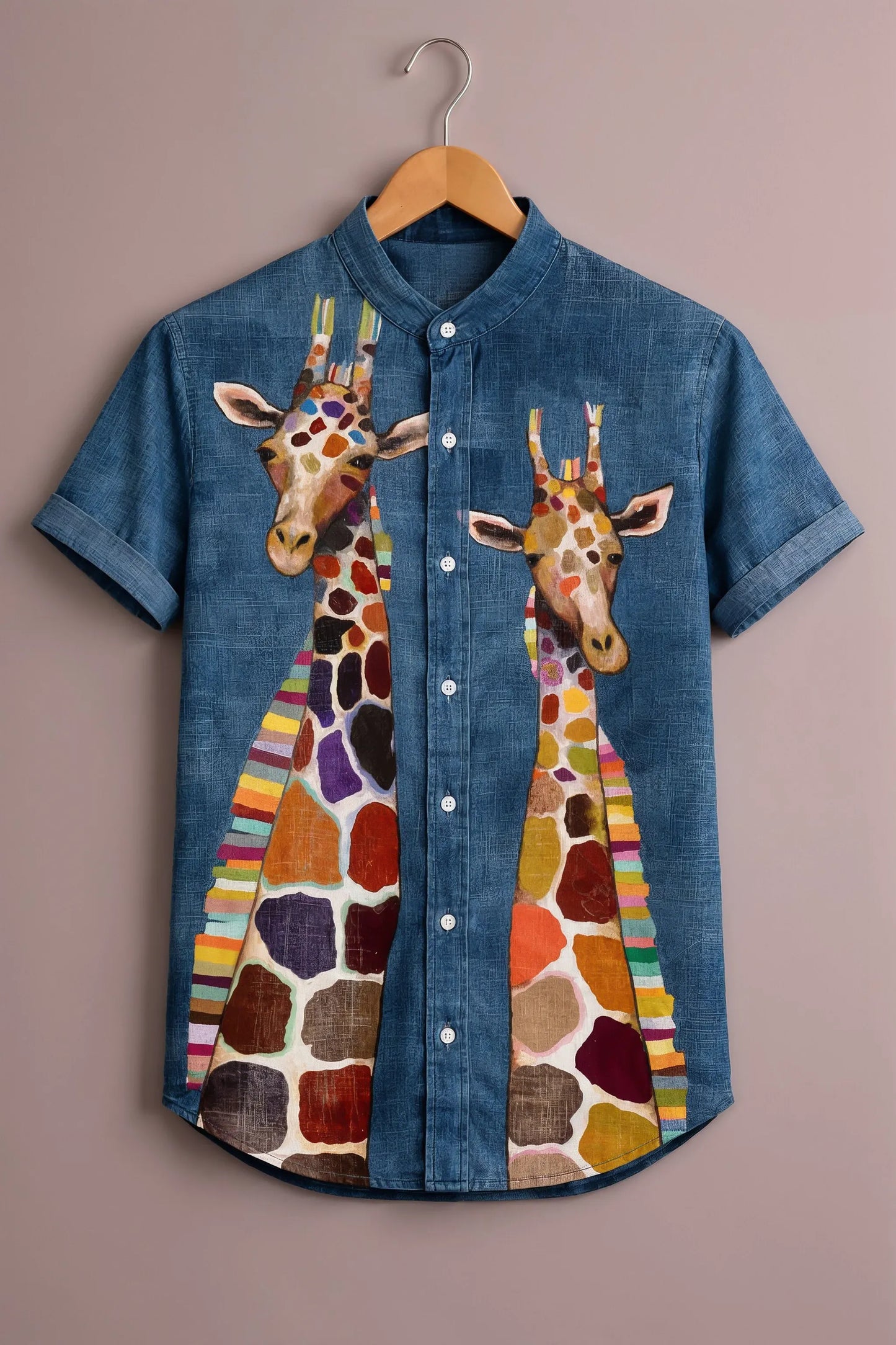 Spretix Men's Premium Artistic Giraffe Print Mandarin Collar Half Sleeve Shirt