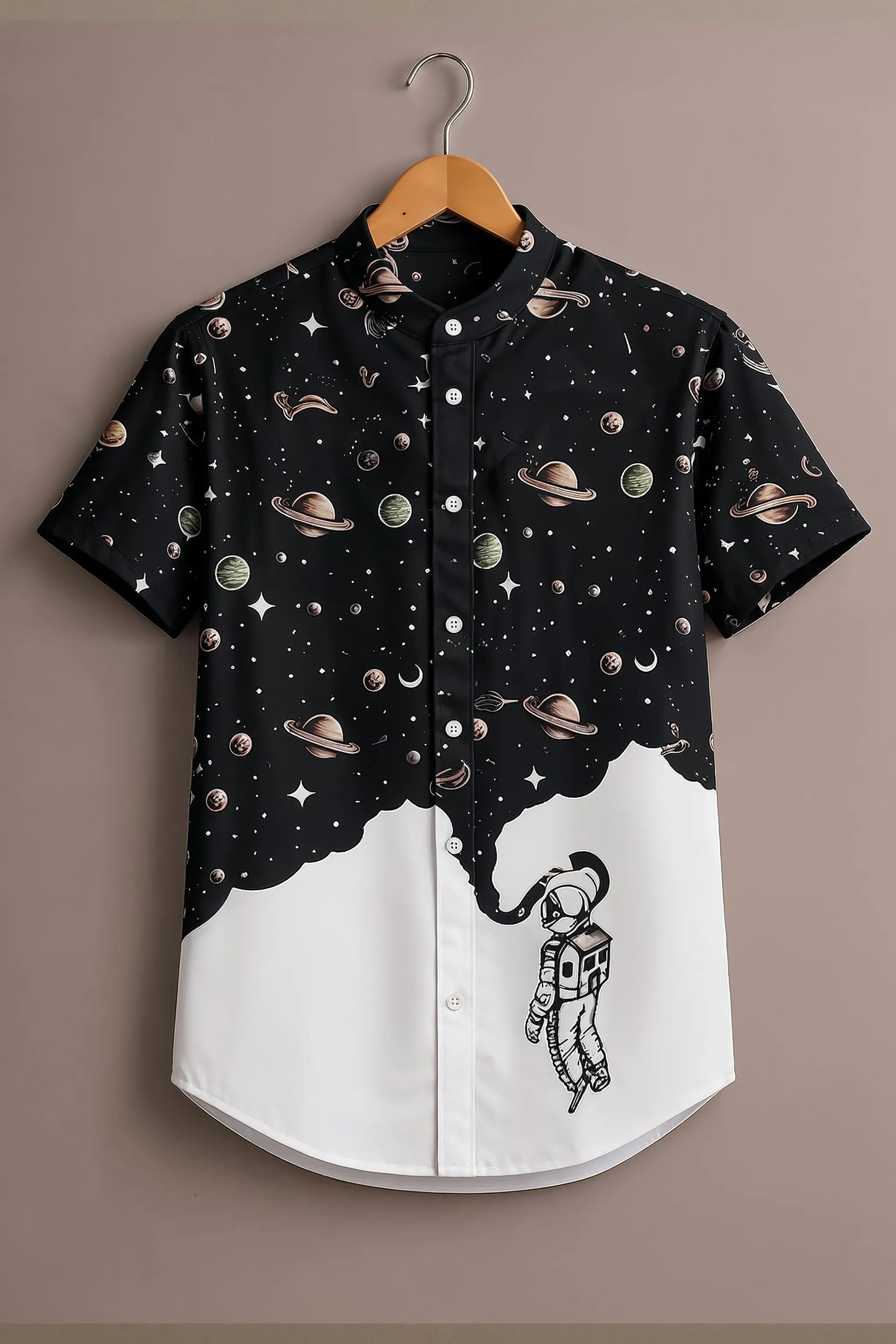 Spretix Men's Premium Galaxy Astronaut Print Mandarin Collar Half Sleeve Shirt