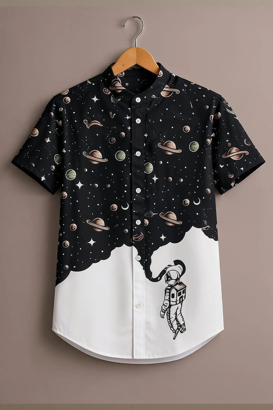 Spretix Men's Premium Galaxy Astronaut Print Mandarin Collar Half Sleeve Shirt