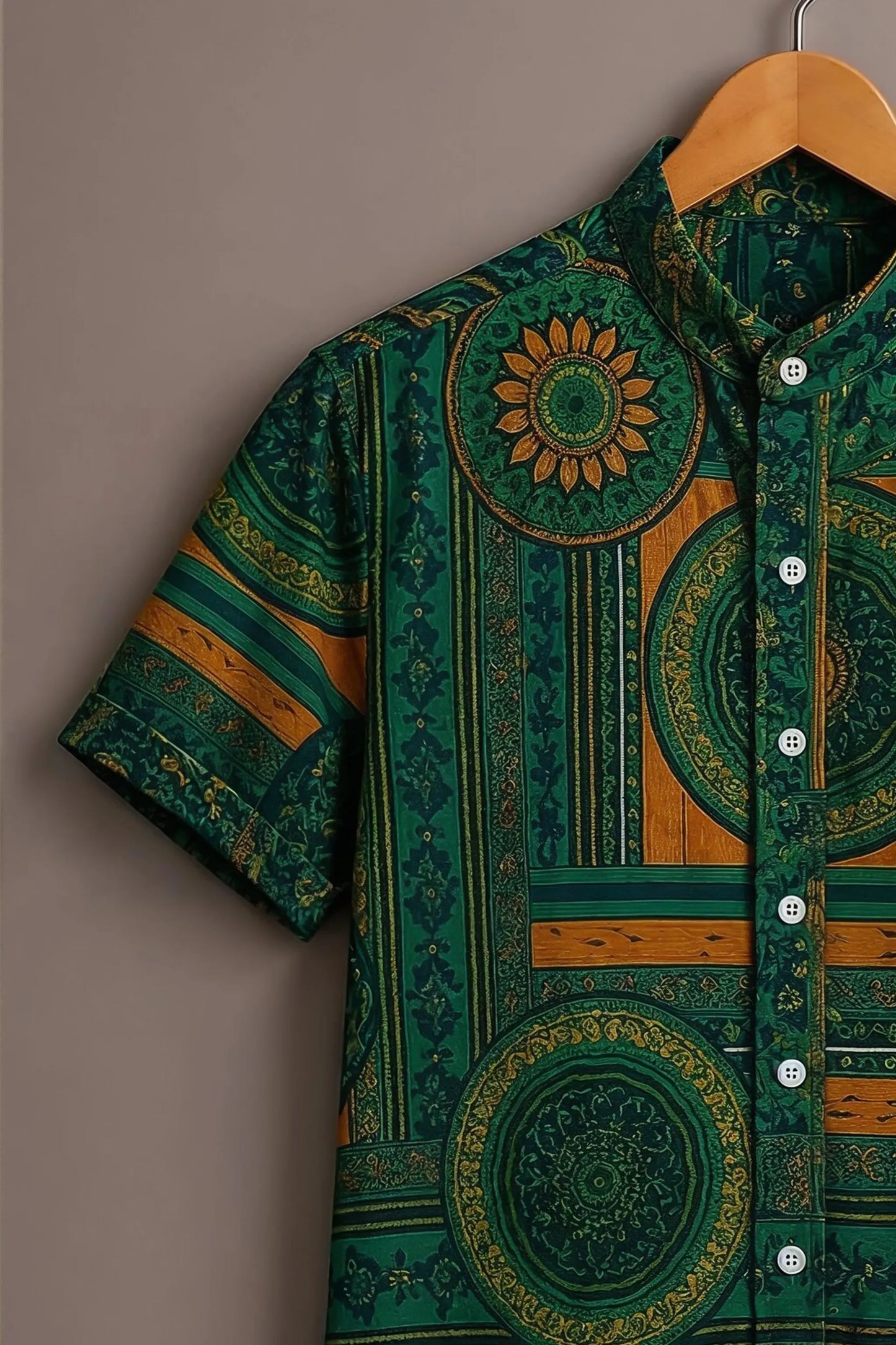 Spretix Men's Premium Geometric Mandala Print Mandarin Collar Half Sleeve Shirt