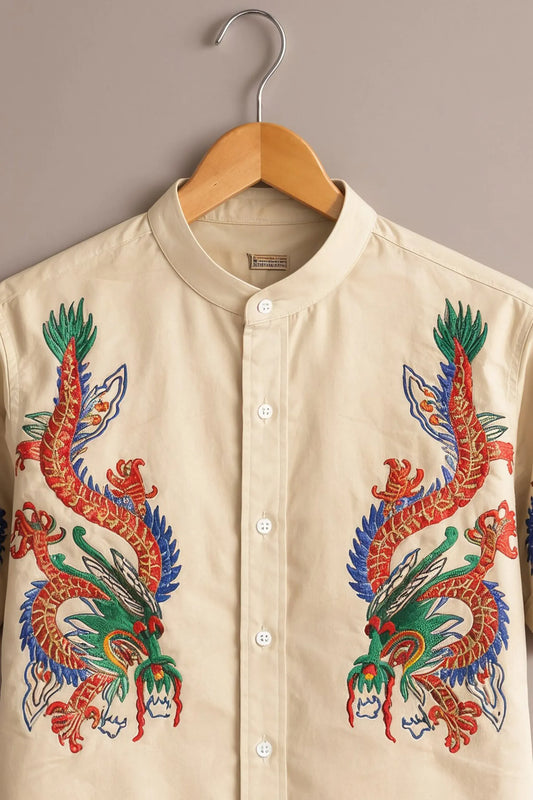 Spretix Men's Premium Embroidered Dragon Print Mandarin Collar Half Sleeve Shirt