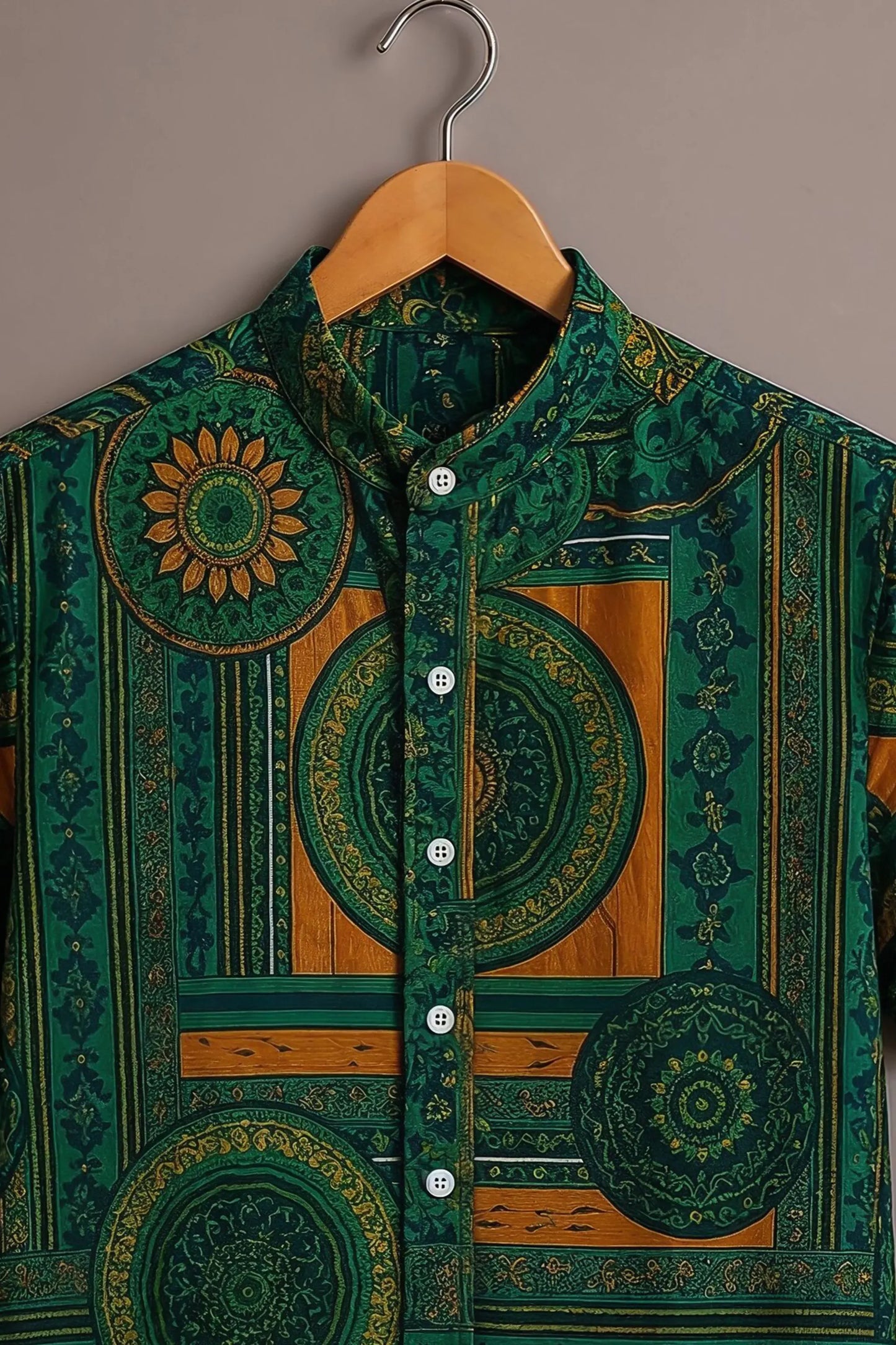 Spretix Men's Premium Geometric Mandala Print Mandarin Collar Half Sleeve Shirt