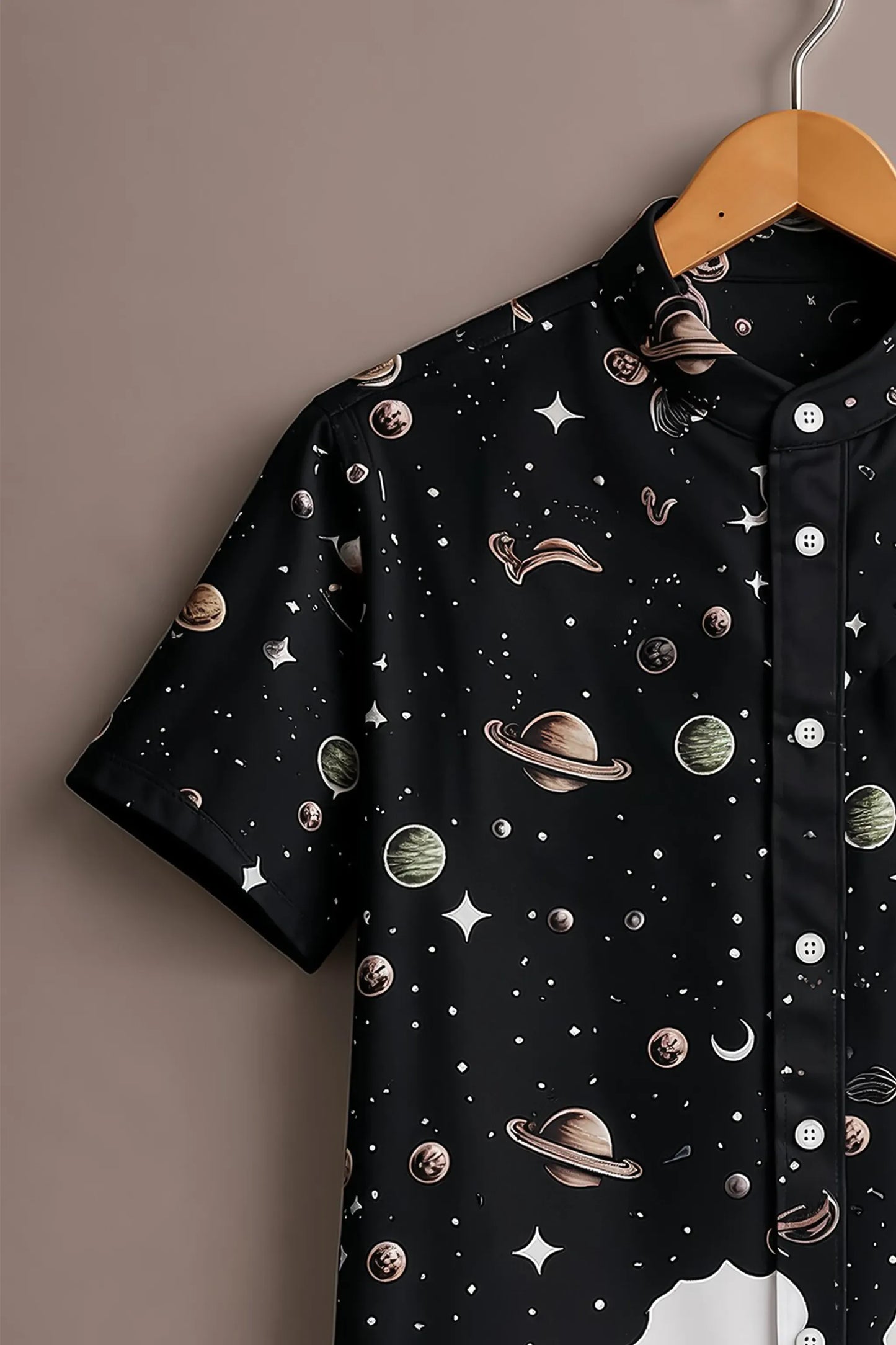 Spretix Men's Premium Galaxy Astronaut Print Mandarin Collar Half Sleeve Shirt