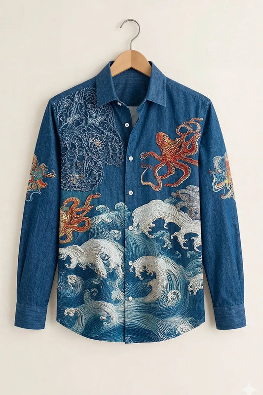 Spretix Men's Premium Ocean Octopus Graphic Casual Full Sleeve Shirt