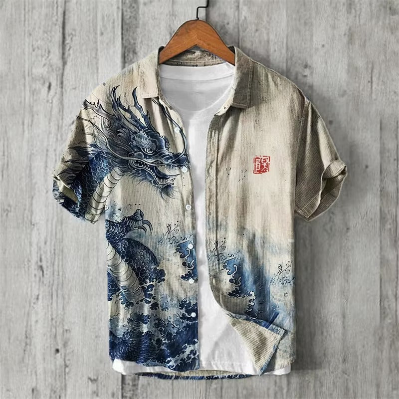Spretix Premium Japanese Dragon Wave Art Cotton Linen Half Sleeve Casual Shirt for Men