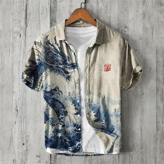 Spretix Premium Japanese Dragon Wave Art Cotton Linen Half Sleeve Casual Shirt for Men