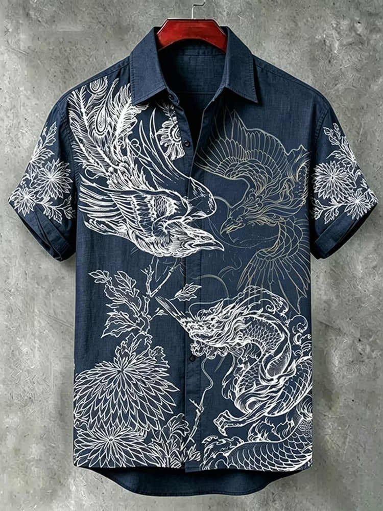 Spretix Premium Japanese Phoenix & Dragon Art Casual Half Sleeve Shirt for Men