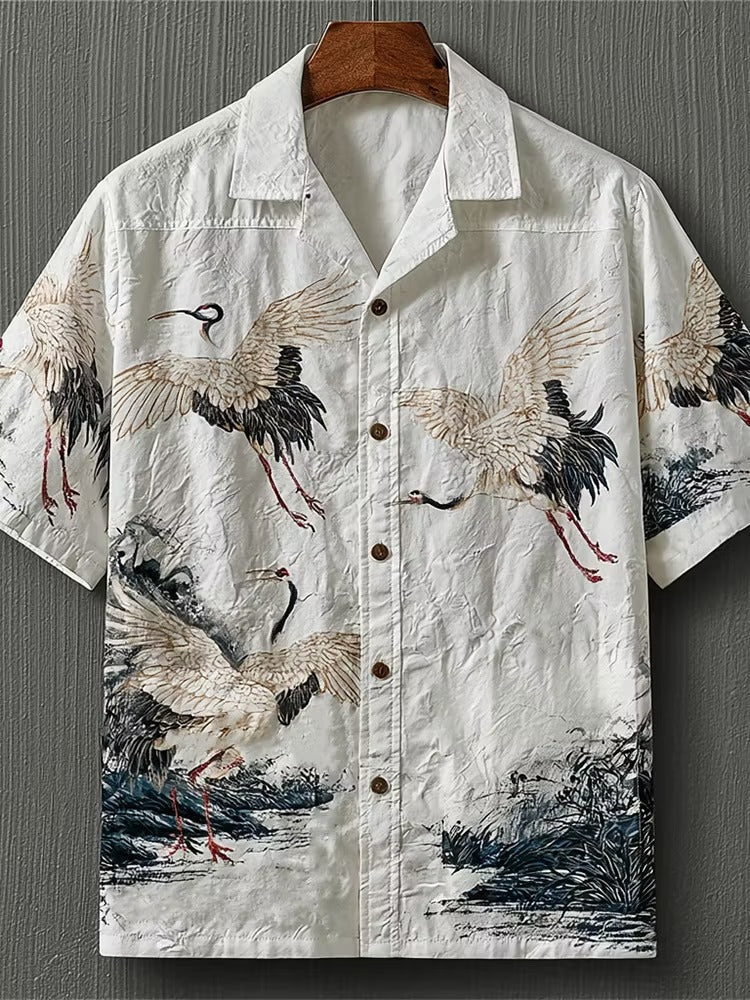 Spretix Premium Japanese Crane Art Printed Half Sleeve Casual Shirt for Men