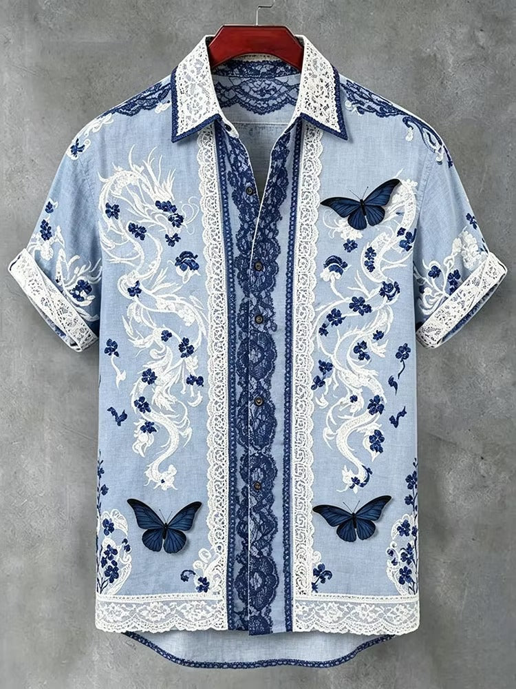 Spretix Premium Blue Floral Lace Butterfly Print Cotton Linen Half Sleeve Casual Shirt for Men