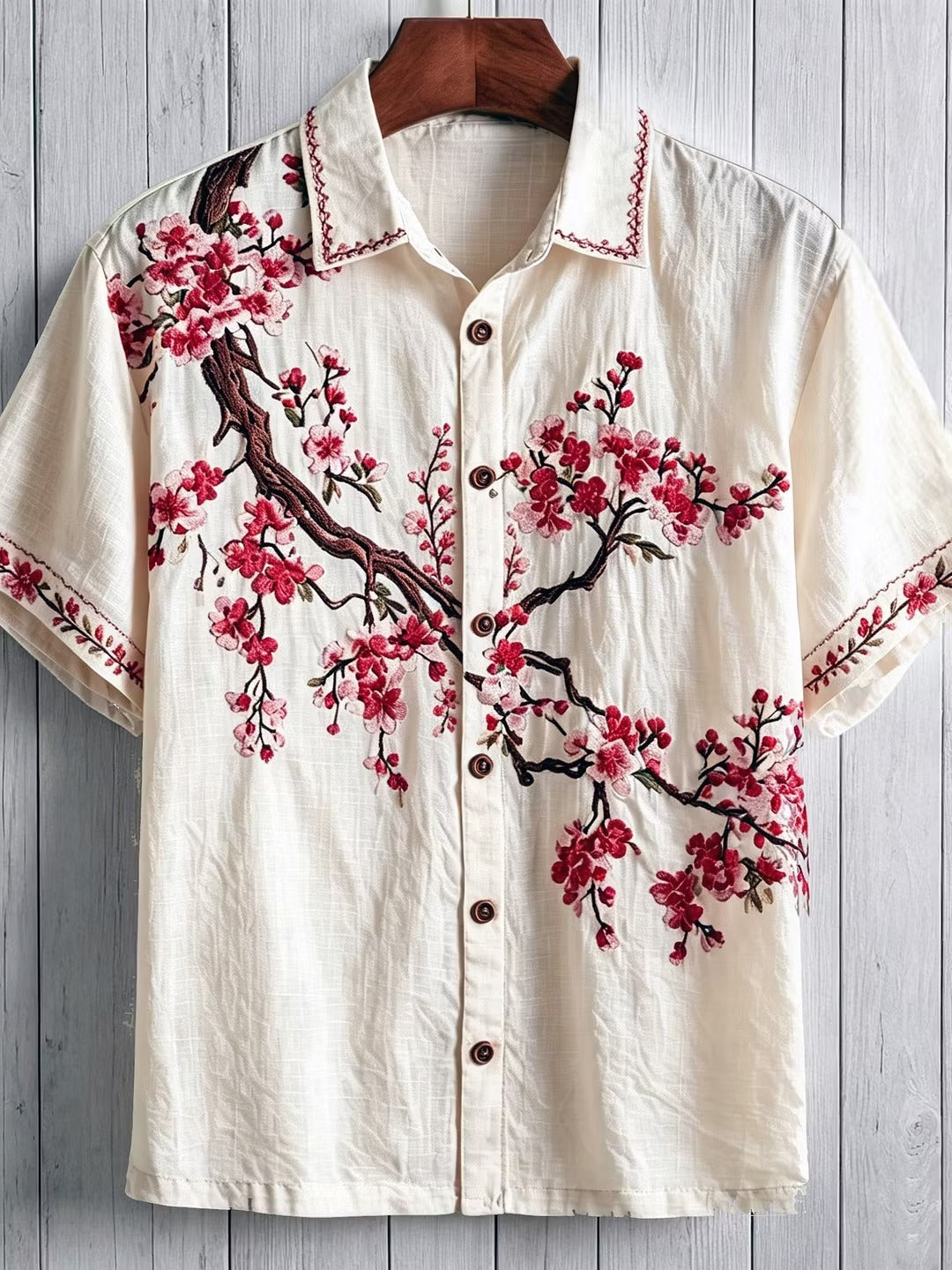 Spretix Premium Japanese Sakura Blossom Embroidered Cotton Linen Half Sleeve Casual Shirt for Men