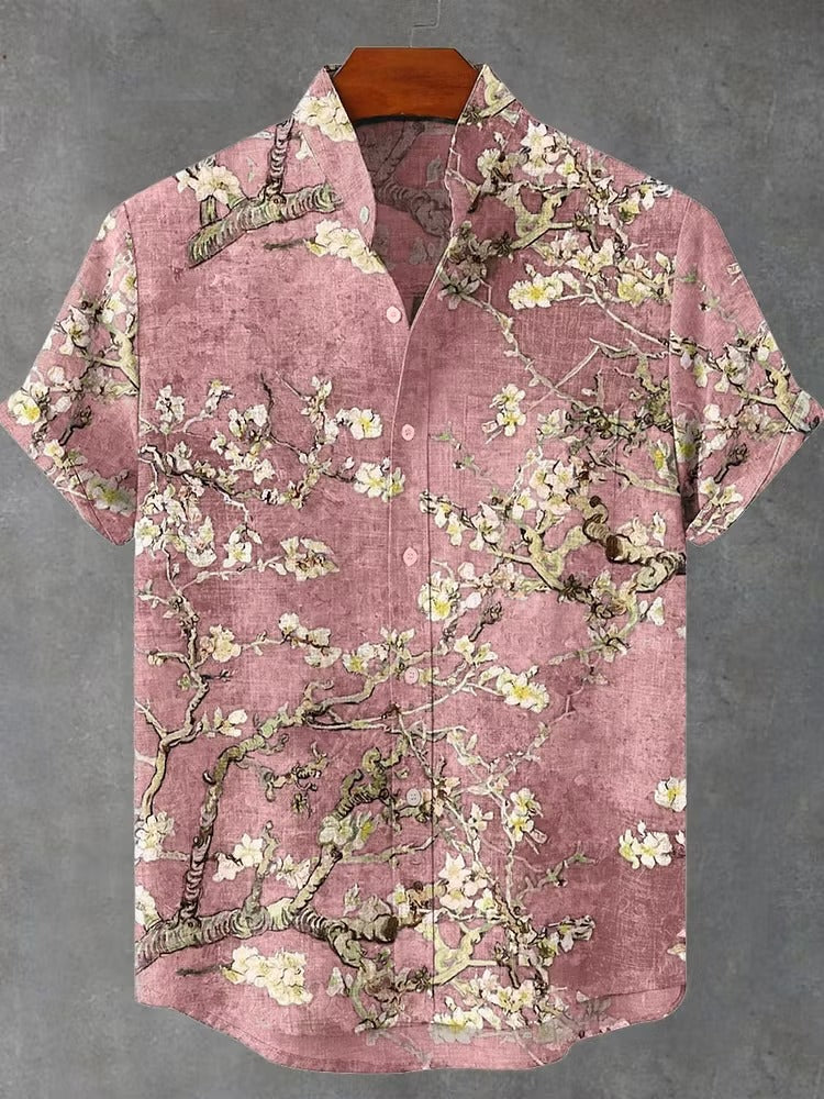 Spretix Premium Vintage Sakura Blossom Art Cotton Linen Half Sleeve Casual Shirt for Men