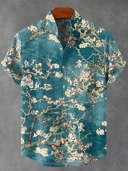Spretix Premium Vintage Sakura Blossom Art Cotton Linen Half Sleeve Casual Shirt for Men