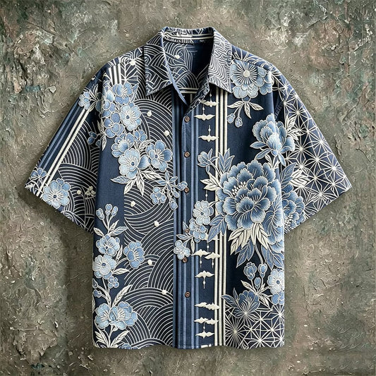 Spretix Premium Japanese Floral Art Printed Half Sleeve Casual Shirt for Men