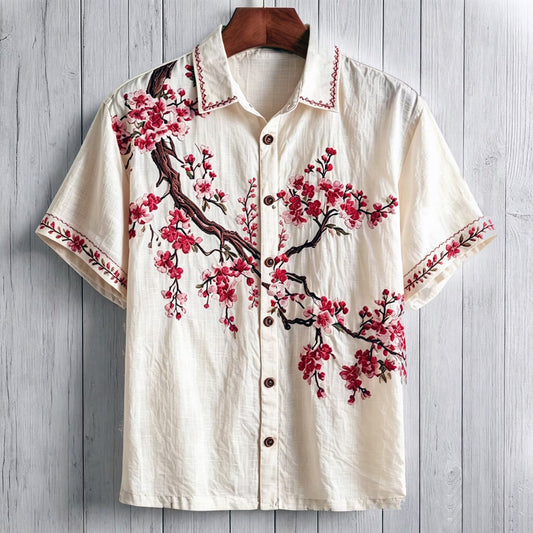 Spretix Premium Japanese Sakura Blossom Embroidered Cotton Linen Half Sleeve Casual Shirt for Men