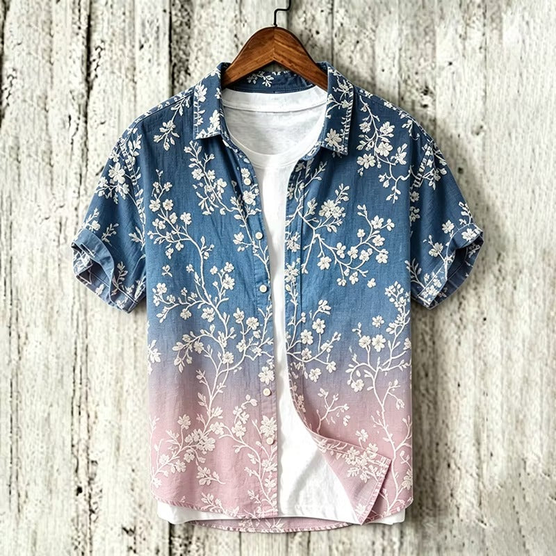 Spretix Premium Sakura Floral Ombre Cotton Linen Half Sleeve Casual Shirt for Men