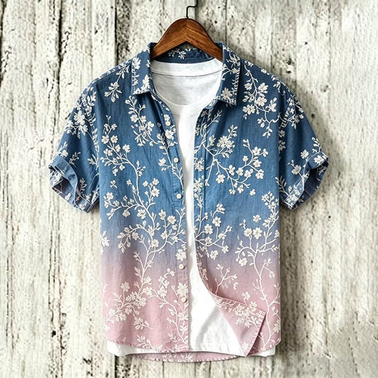 Spretix Premium Sakura Floral Ombre Cotton Linen Half Sleeve Casual Shirt for Men