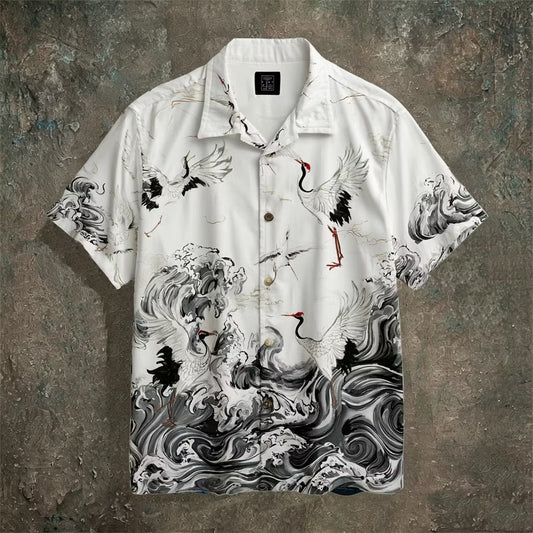 Spretix Premium Japanese Crane Wave Art Casual Half Sleeve Shirt for Men