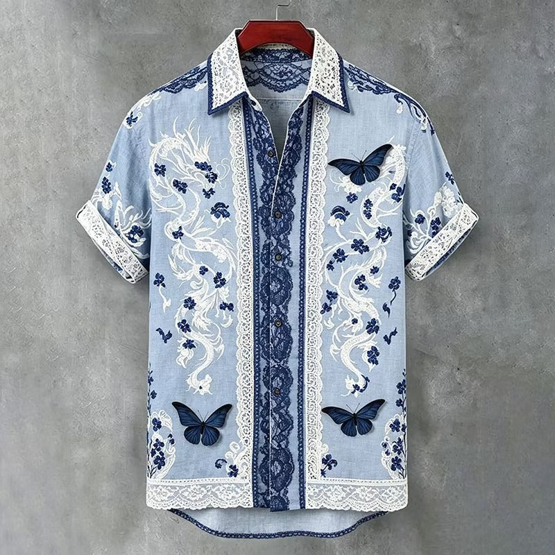 Spretix Premium Blue Floral Lace Butterfly Print Cotton Linen Half Sleeve Casual Shirt for Men