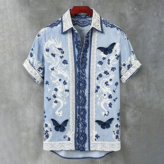 Spretix Premium Blue Floral Lace Butterfly Print Cotton Linen Half Sleeve Casual Shirt for Men