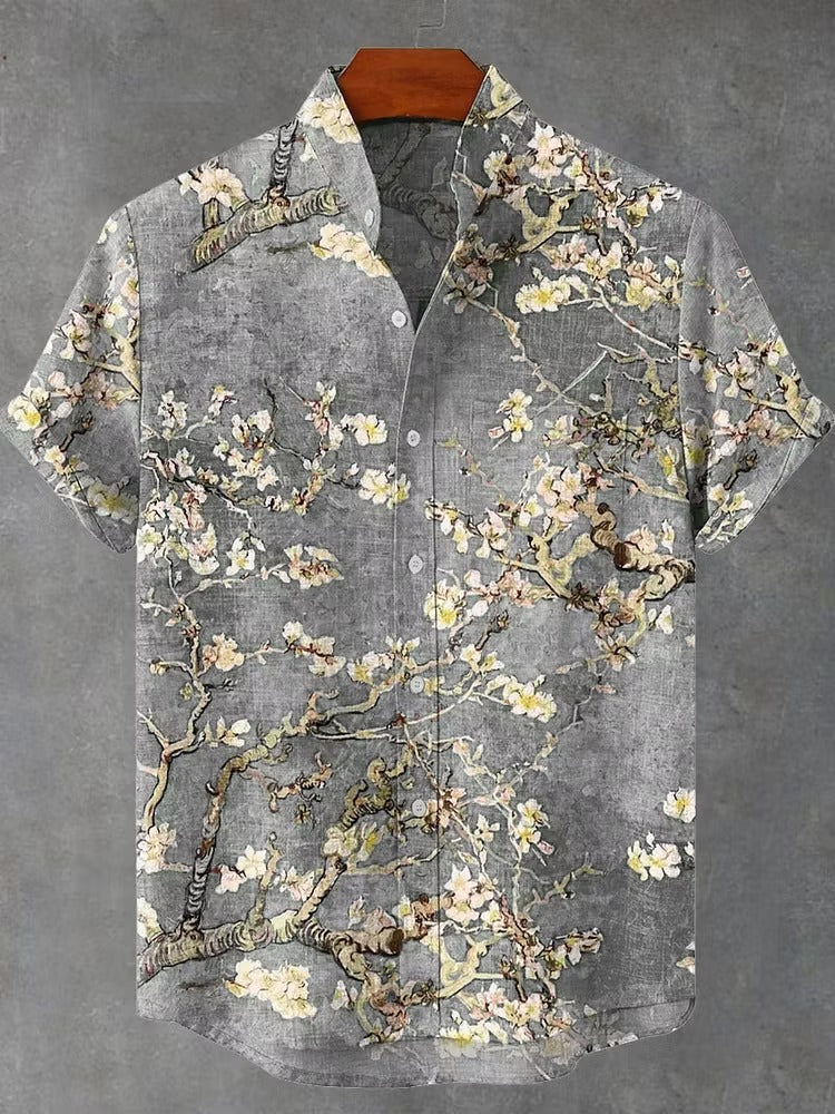 Spretix Premium Vintage Sakura Blossom Art Cotton Linen Half Sleeve Casual Shirt for Men